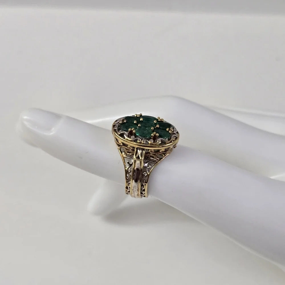 Sterling Silver 925 Intricate Green and Gold Ring with Emerald Cluster